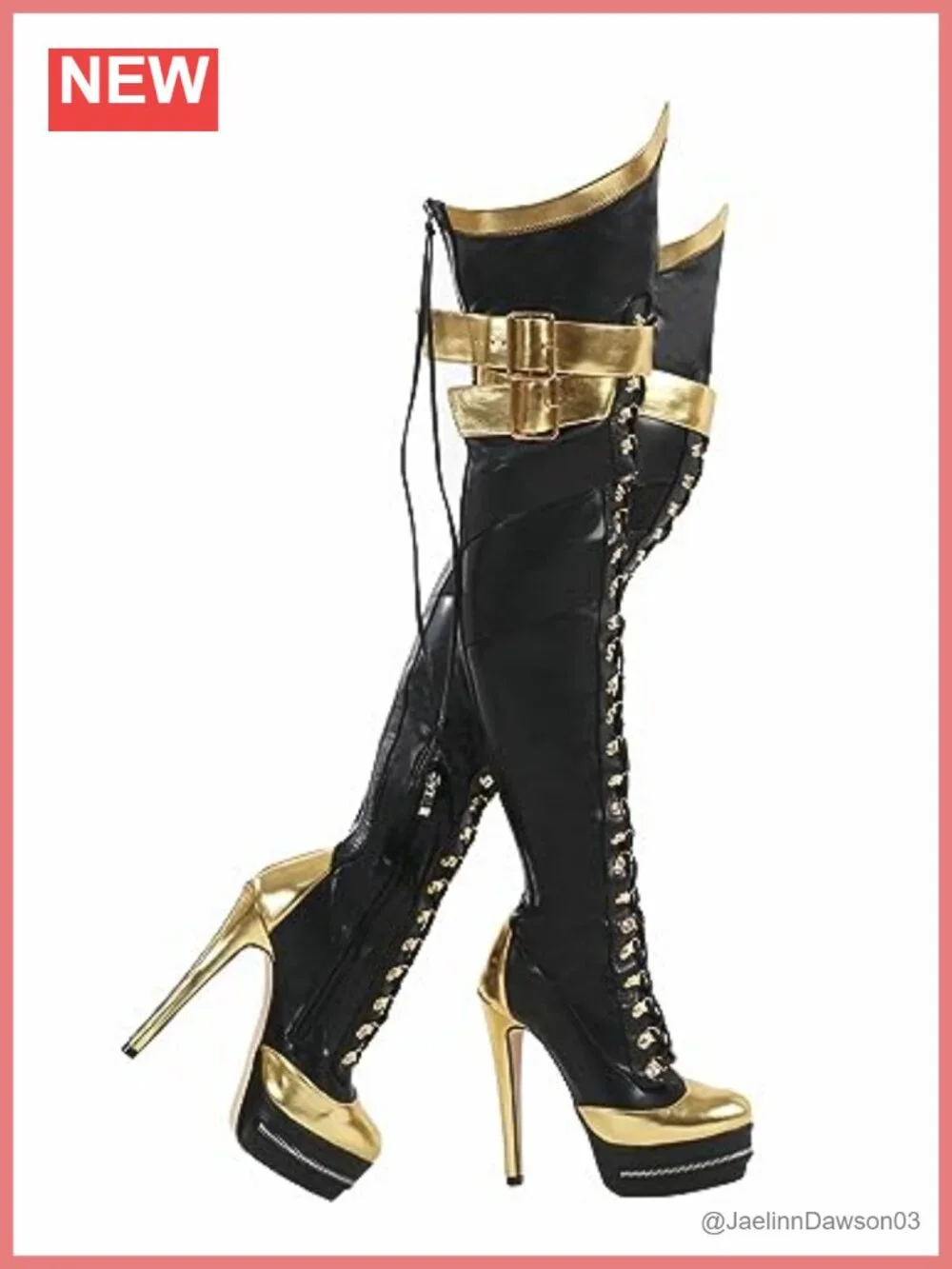 PU Leather Over the Knee Platform Boots Round Toe Lace Up Gold Strap Zip